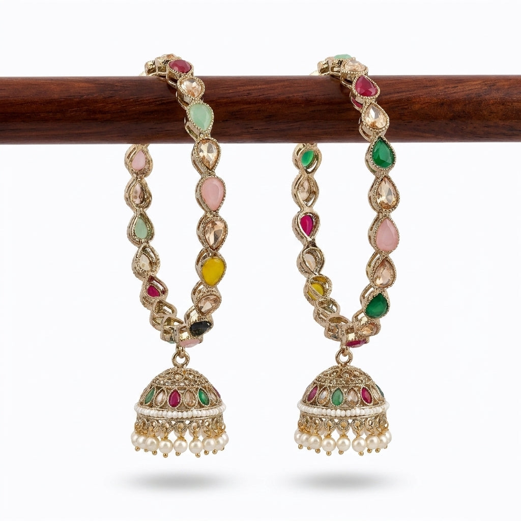 Antique gold multicolour kundan bangles with meenakari jhumka dome and pearl drop fringing, set of two — Behuli Australia
