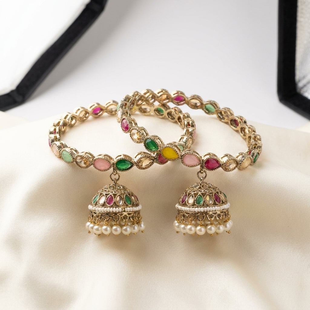 Antique gold multicolour kundan bangles with meenakari jhumka dome and pearl drop fringing, set of two — Behuli Australia — view 2