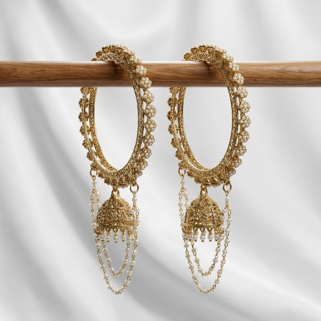 Antique gold-plated filigree bangle hoop earrings with jhumka dome and cascading ivory pearl chains — Behuli Australia