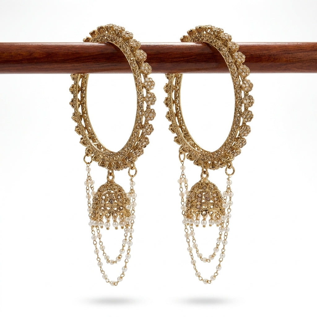 Antique gold-plated filigree bangle hoop earrings with jhumka dome and cascading ivory pearl chains — Behuli Australia — view 2