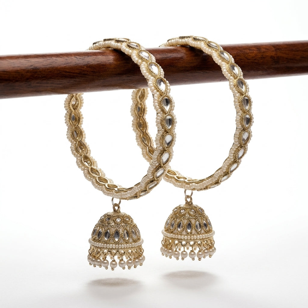 Ivory and gold kundan jhumka bangles with seed pearl beading and domed bell drop pendant — Behuli Australia — view 2