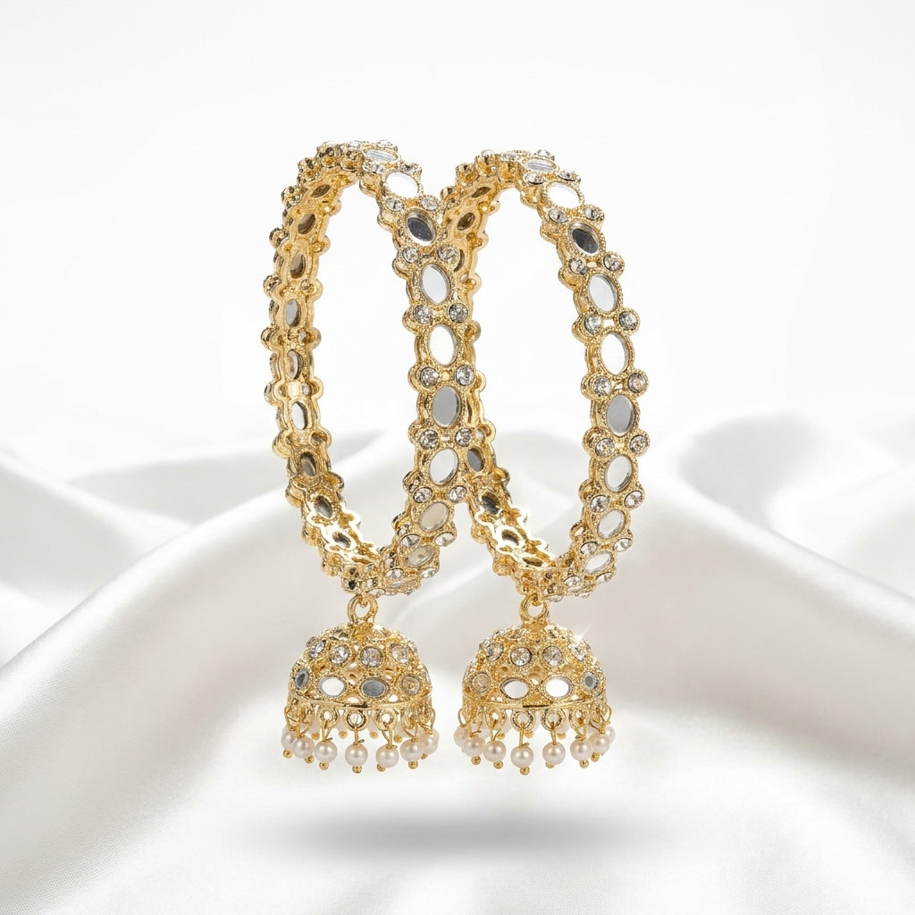 Gold-plated mirror work bangles set with crystal stones, jhumka charm and ivory pearl drops — Behuli Australia