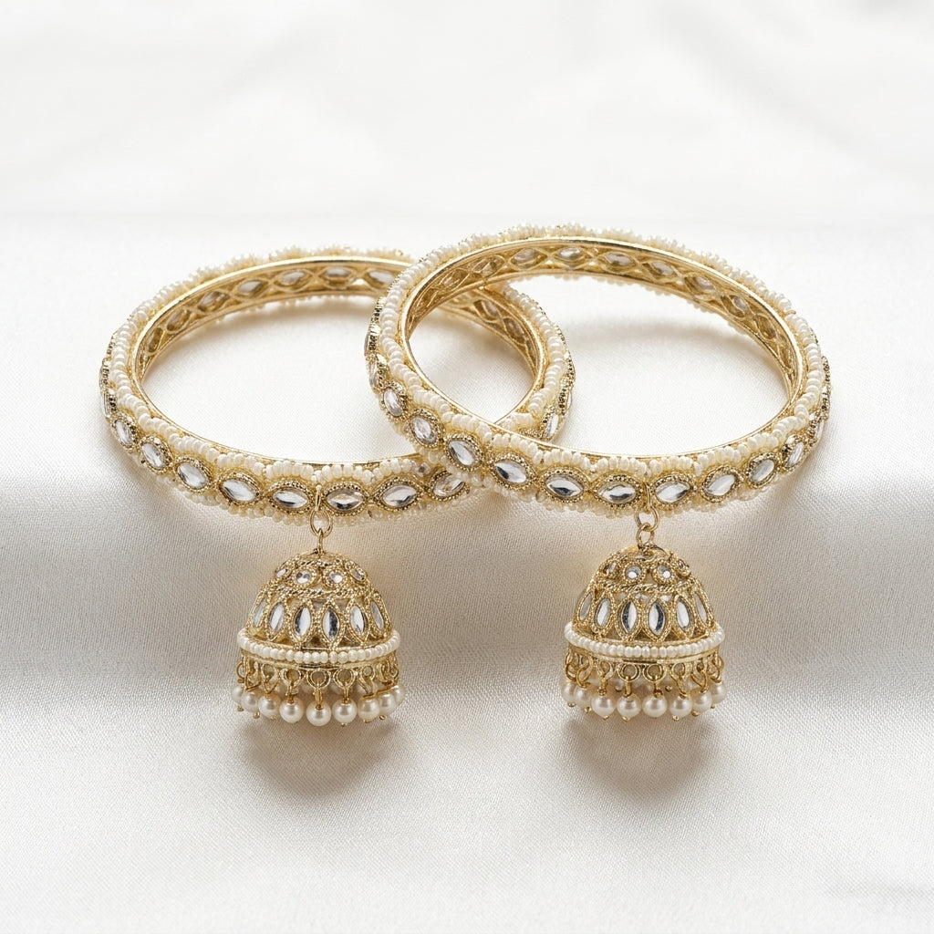 Ivory and gold kundan jhumka bangles with seed pearl beading and domed bell drop pendant — Behuli Australia