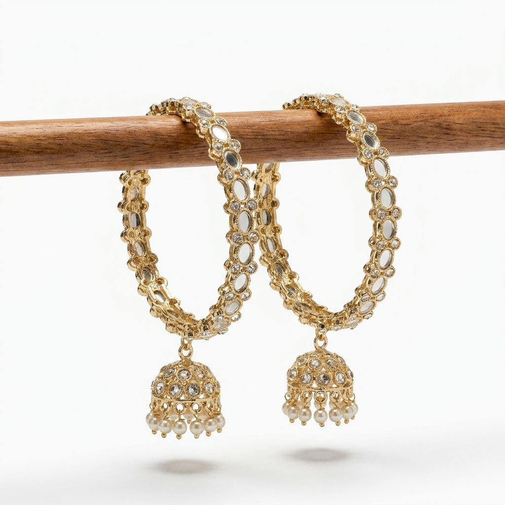 Gold-plated mirror work bangles set with crystal stones, jhumka charm and ivory pearl drops — Behuli Australia — view 2