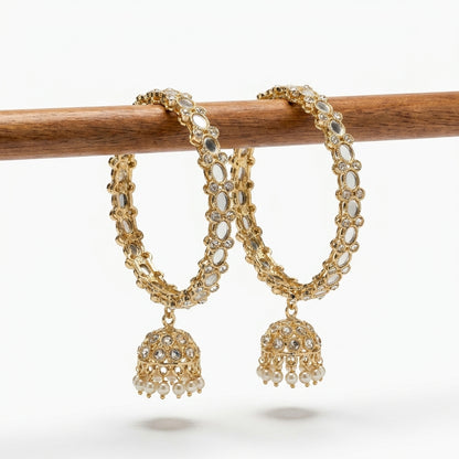 Gold-plated mirror work bangles set with crystal stones, jhumka charm and ivory pearl drops — Behuli Australia — view 2