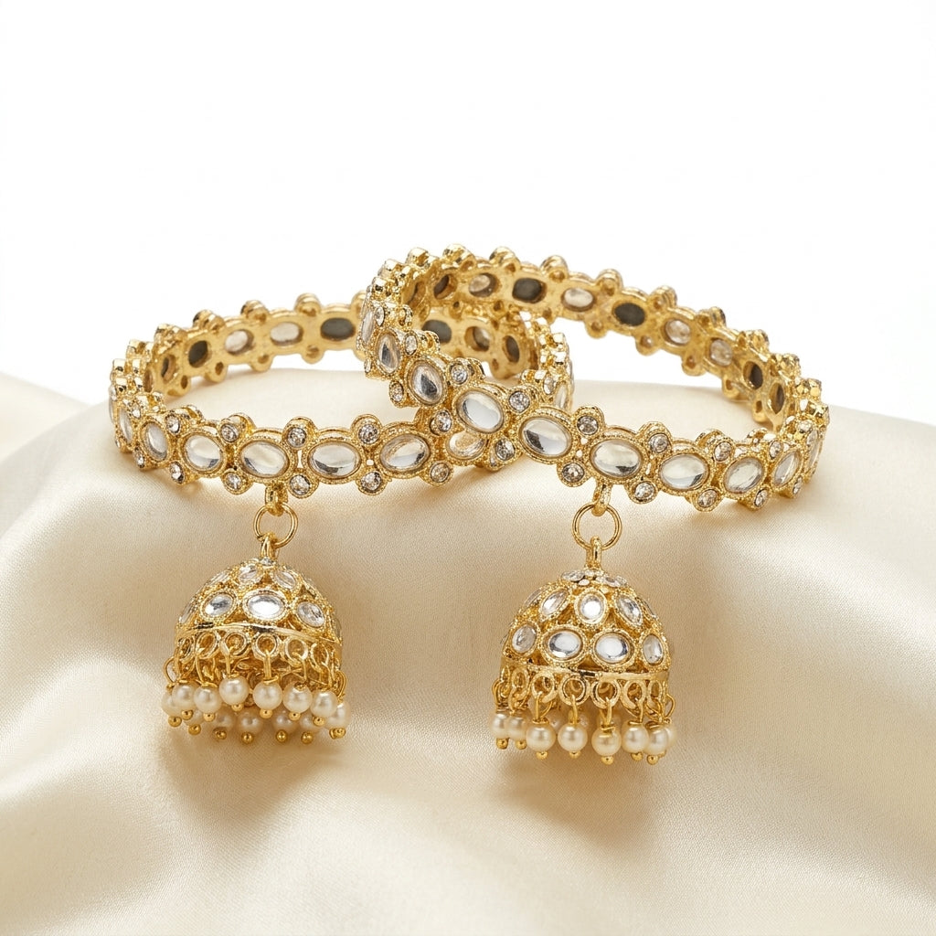 Gold-plated mirror work bangles set with crystal stones, jhumka charm and ivory pearl drops — Behuli Australia — view 3