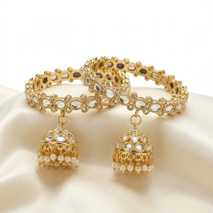 Gold-plated mirror work bangles set with crystal stones, jhumka charm and ivory pearl drops — Behuli Australia — view 3