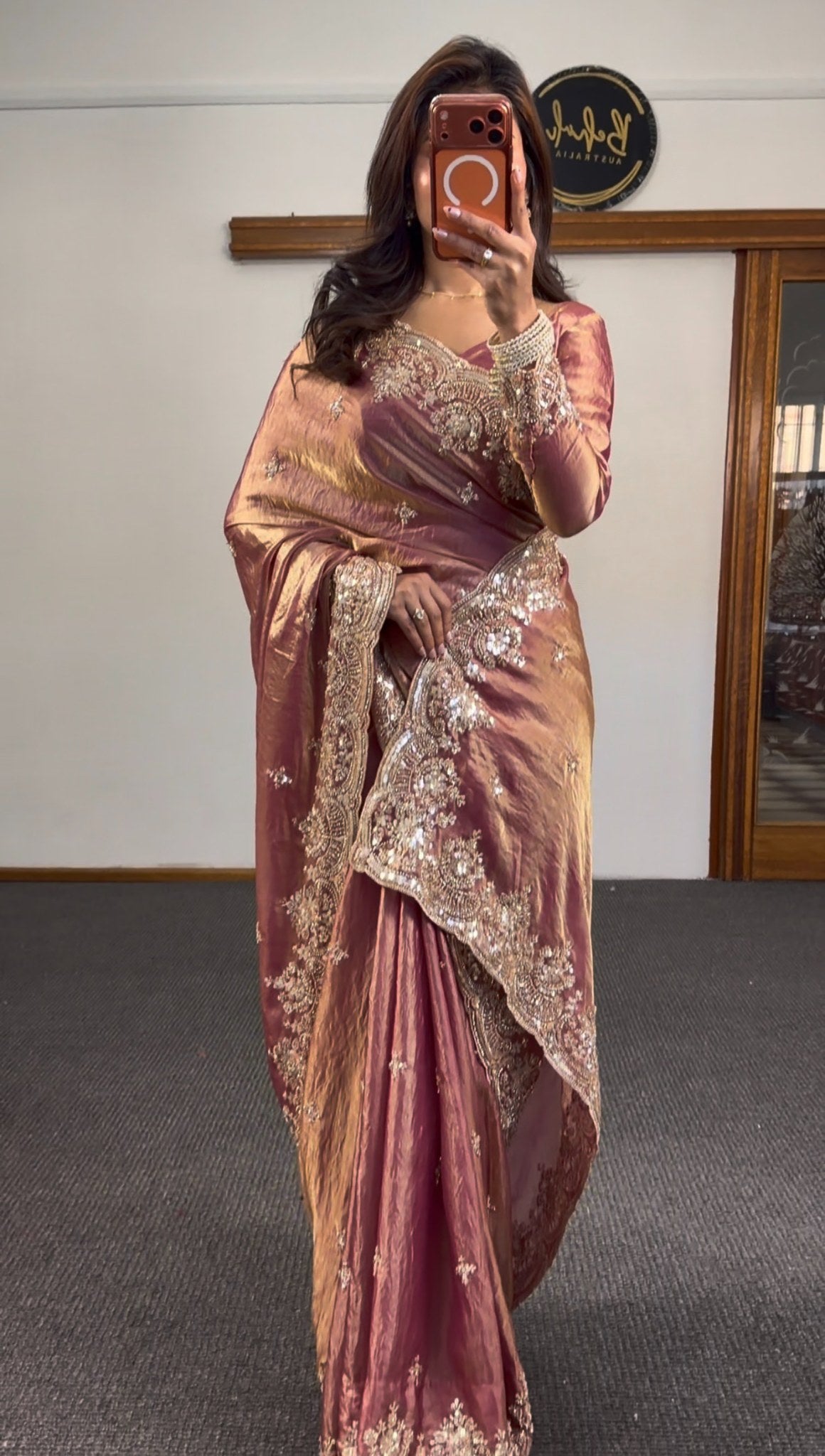 Dusty rose tissue silk saree with zardozi and silver sequin embroidery, matching blouse and petticoat included — Behuli