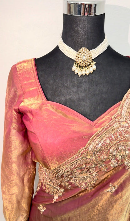 Dusty rose tissue silk saree with zardozi and silver sequin embroidery, matching blouse and petticoat included — Behuli — view 3