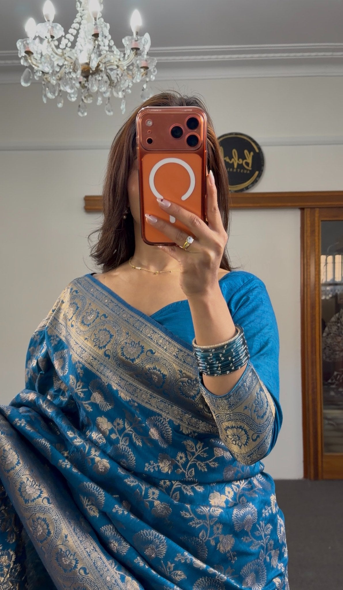 Teal Banarasi silk saree with all-over silver zari floral brocade weave and wide ornate border — Behuli Australia — view 5