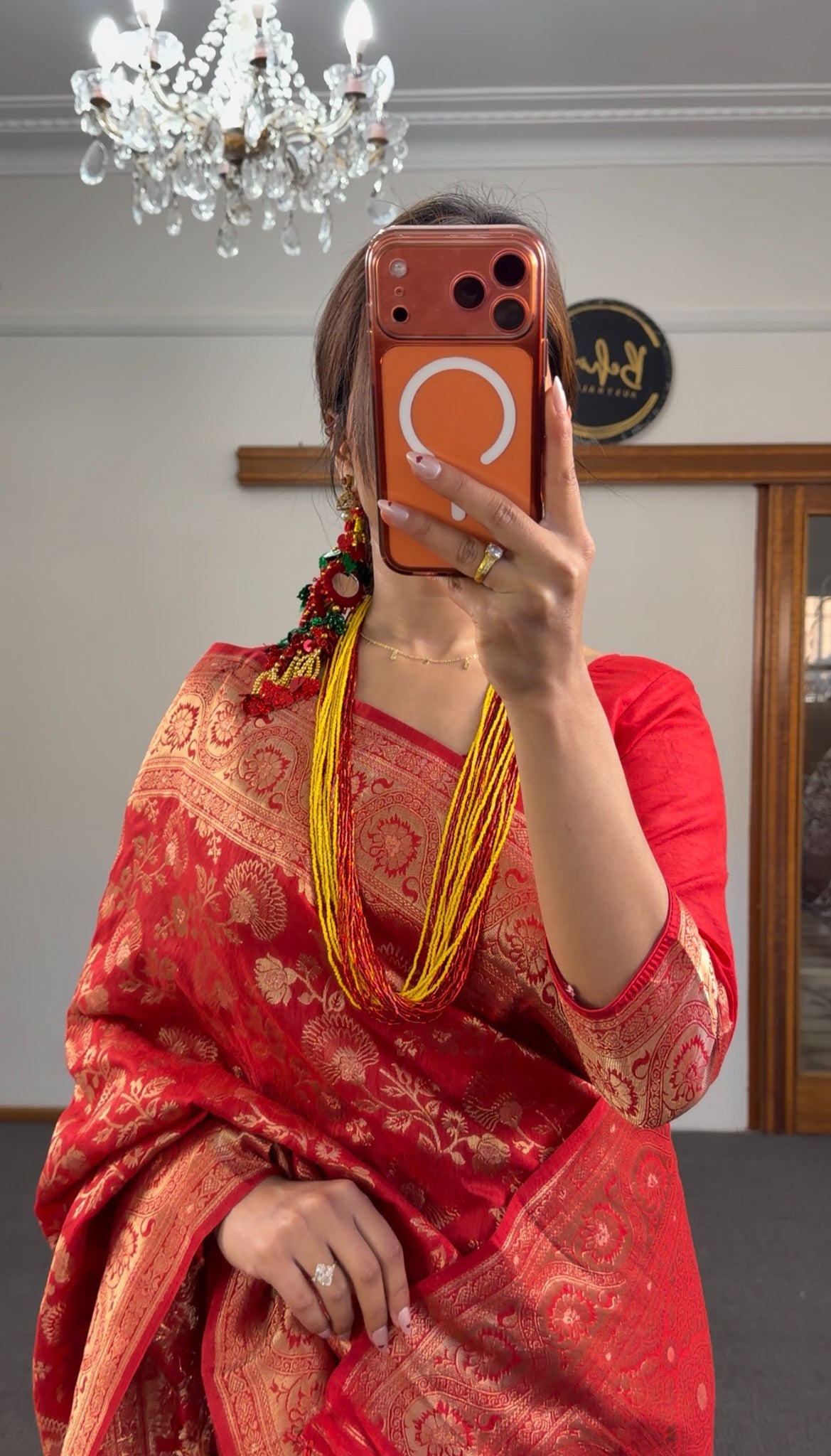 Deep red Banarasi silk saree with all-over gold Zari floral brocade weave and matching red blouse — Behuli Australia — view 4