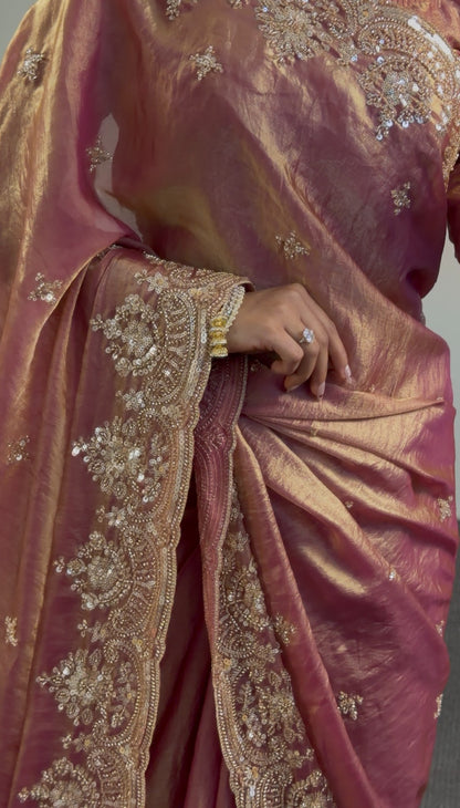Dusty rose tissue silk saree with zardozi and silver sequin embroidery, matching blouse and petticoat included — Behuli — view 6