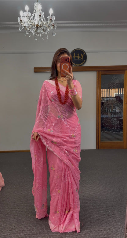Rose pink georgette saree with silver sequin threadwork and multicolour floral embroidery in sweeping leaf motifs — Behuli