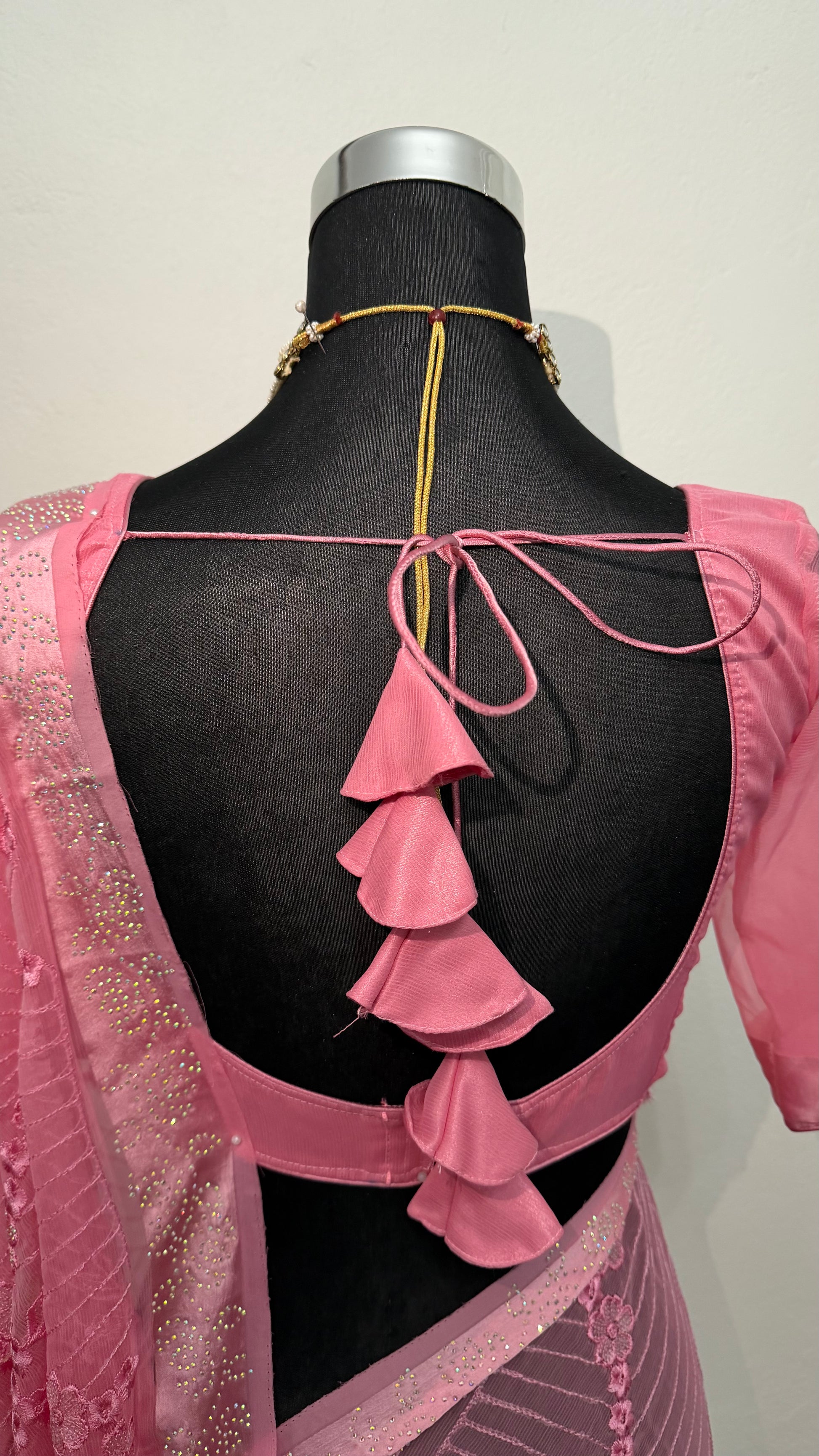 Rose pink georgette saree with silver sequin threadwork and multicolour floral embroidery in sweeping leaf motifs — Behuli — view 7