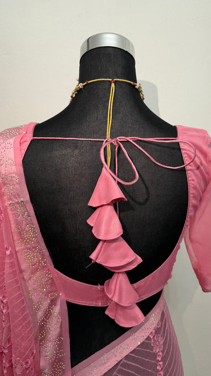 Rose pink georgette saree with silver sequin threadwork and multicolour floral embroidery in sweeping leaf motifs — Behuli — view 7