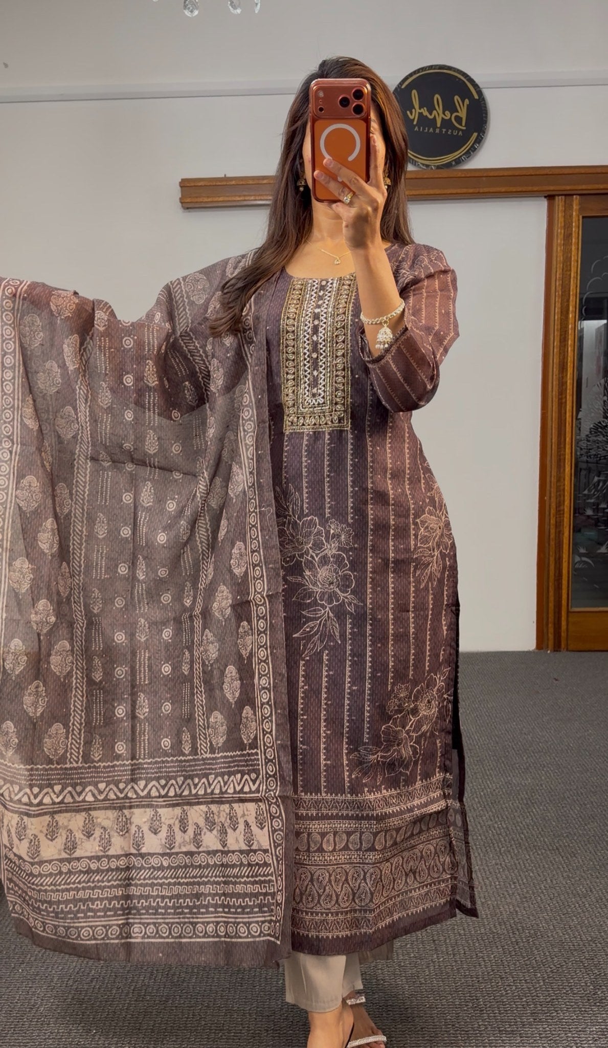 Mocha brown soft georgette kurti set with block print, floral detailing, embroidered yoke and matching printed dupatta — — view 2