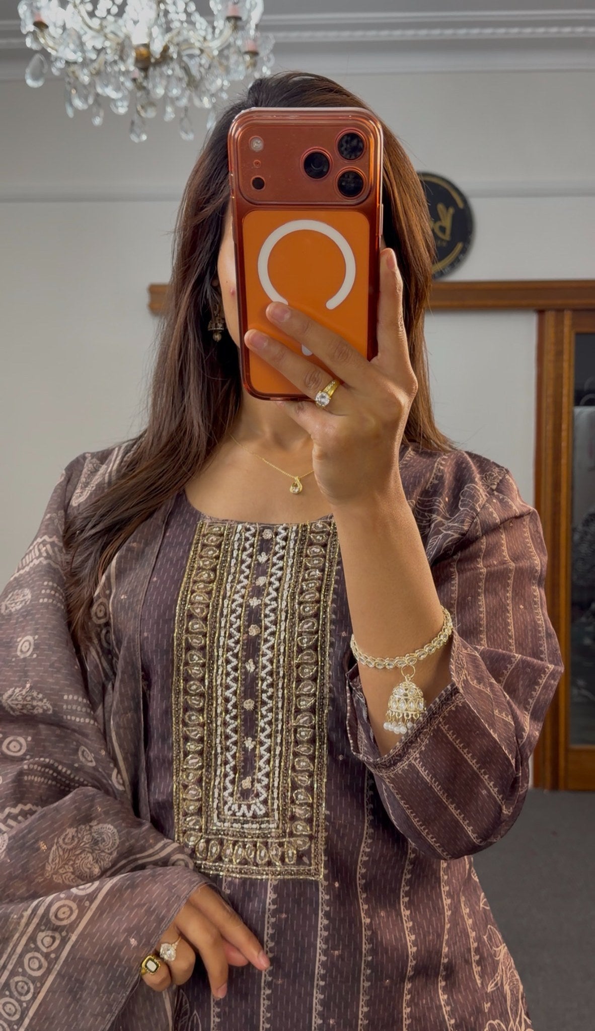 Mocha brown soft georgette kurti set with block print, floral detailing, embroidered yoke and matching printed dupatta — — view 4