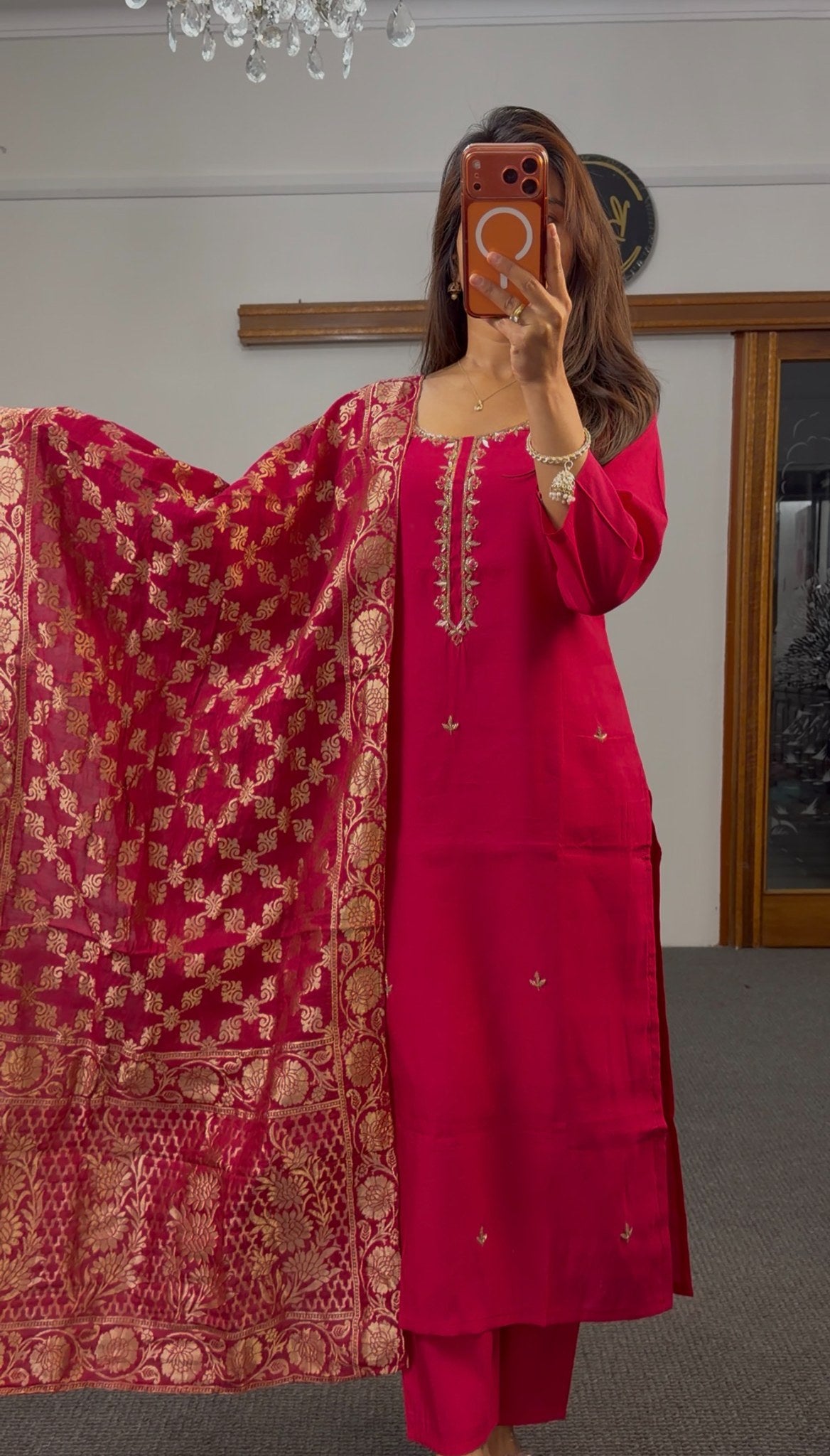 Fuchsia pure silk kurti set with gold zari embroidery and matching Banarasi brocade dupatta — Behuli Australia — view 5