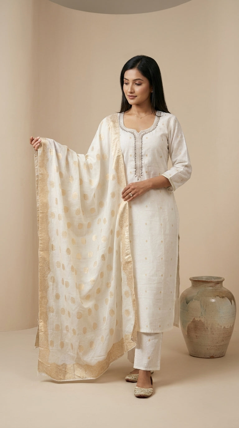 Ivory raw silk kurti set with gold zari booti motifs, stone-embellished neckline and matching Banarasi gold butta dupatta —