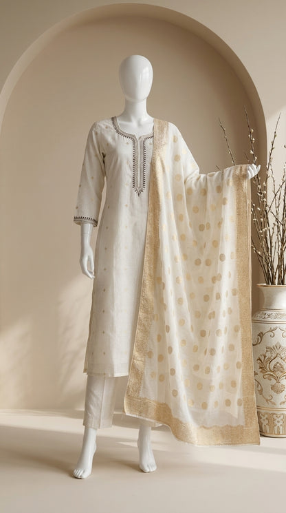 Ivory raw silk kurti set with gold zari booti motifs, stone-embellished neckline and matching Banarasi gold butta dupatta — — view 2