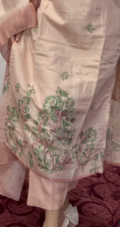 Blush pink Chanderi silk kurti set with sage green floral block print and matching sequin-dotted dupatta with zari border — — view 4