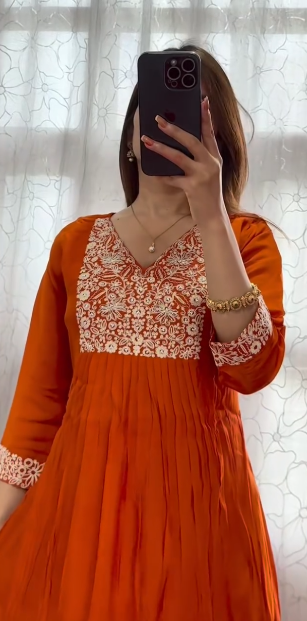 Tangerine orange cotton Anarkali gown with ivory Chikankari embroidery on yoke and matching dupatta — Behuli Australia — view 5