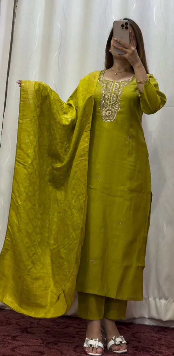 Olive-chartreuse silk straight kurti set with pearl and zari neckline embroidery, matching palazzo pants and crushed silk — view 4