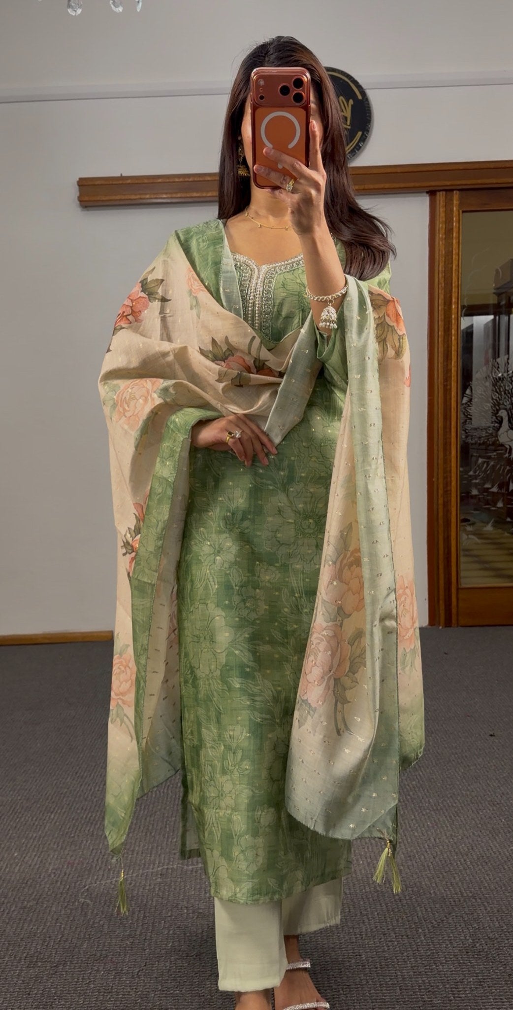 Sage green floral print cotton chanderi kurti set with sequin embroidered neckline and beige organza dupatta — Behuli — view 3