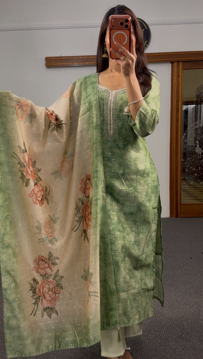 Sage green floral print cotton chanderi kurti set with sequin embroidered neckline and beige organza dupatta — Behuli — view 2