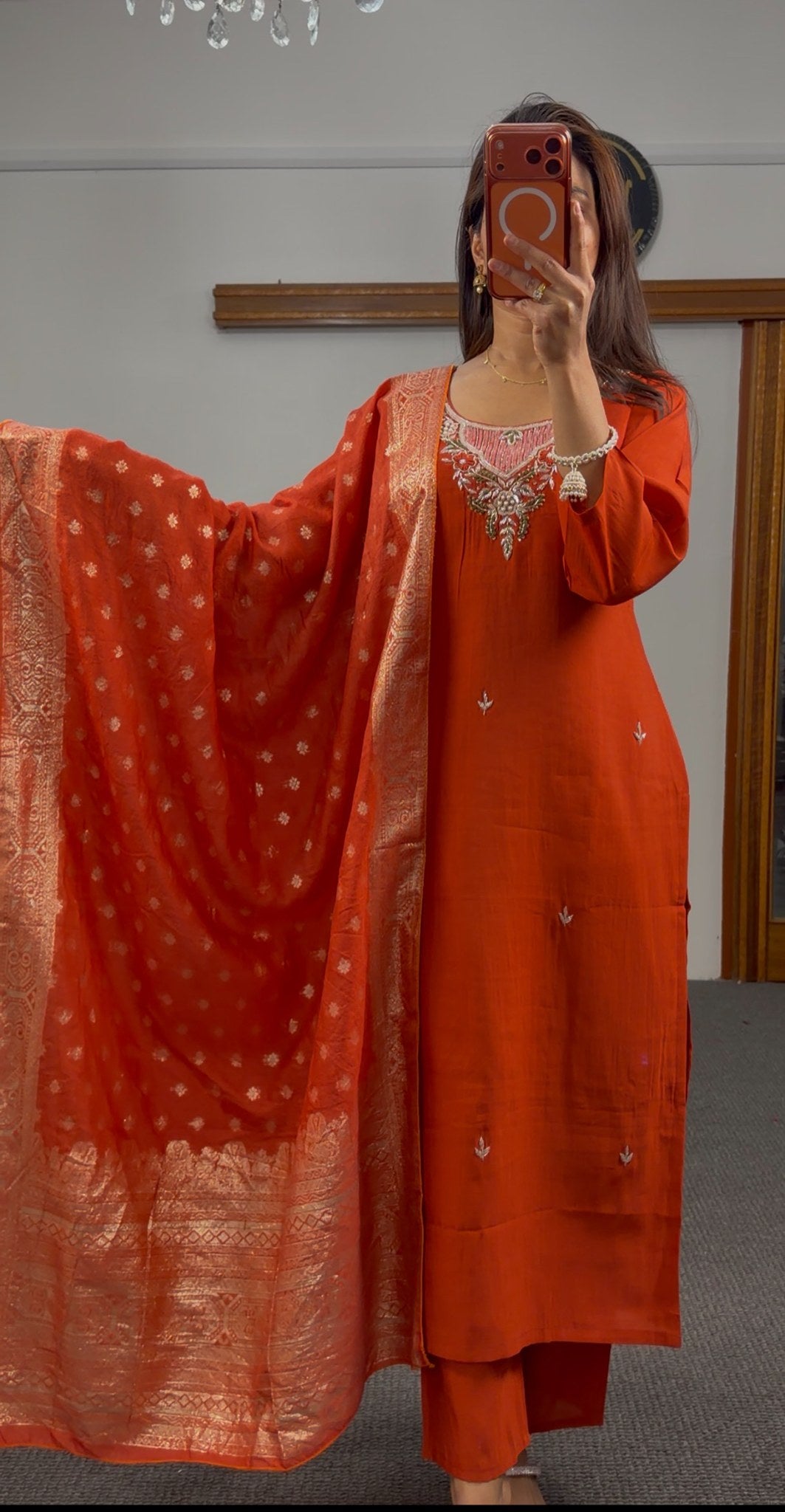Rust red raw silk kurti set with zari kundan neckline embroidery and gold Banarasi dupatta — Behuli Australia — view 2