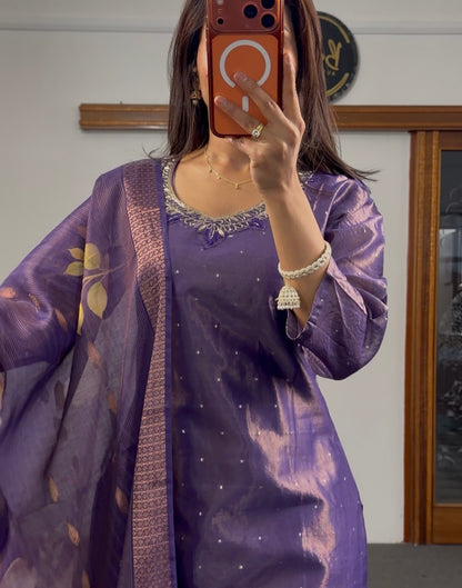 Amethyst purple chanderi kurti set with sequin detailing, zari embroidered neckline and sheer floral organza dupatta with — view 5