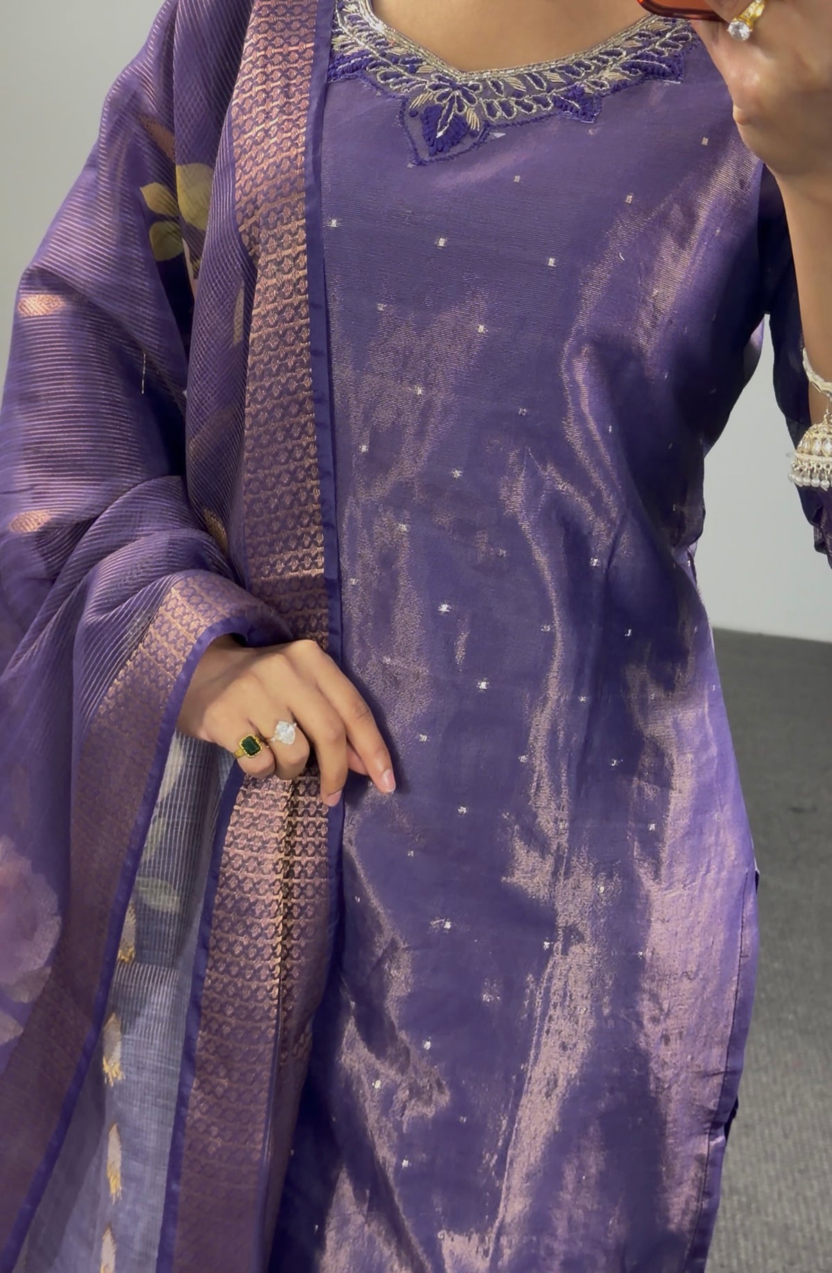 Amethyst purple chanderi kurti set with sequin detailing, zari embroidered neckline and sheer floral organza dupatta with — view 3