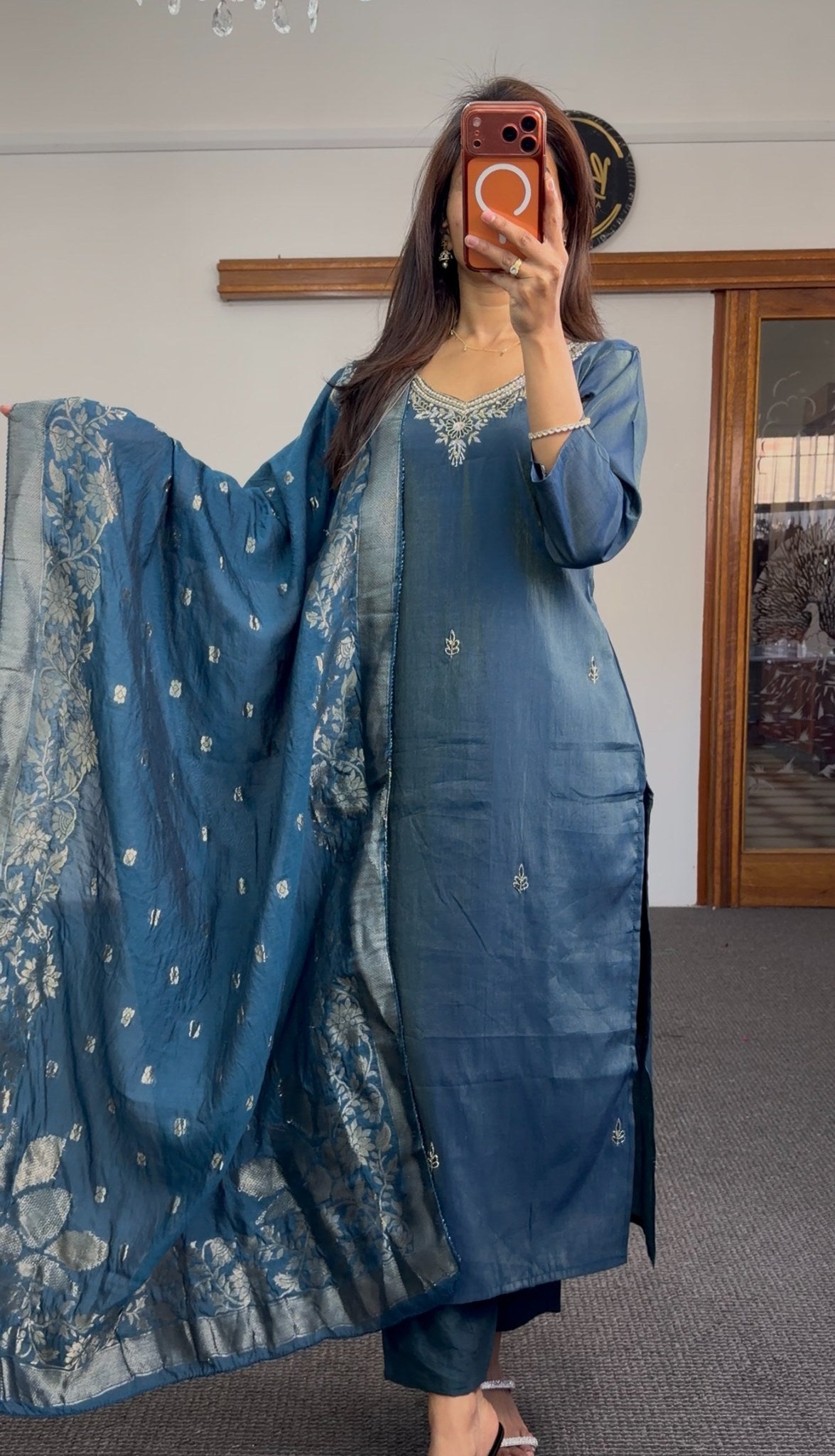 Steel blue pure silk kurti set with silver zari neckline embroidery and Banarasi brocade dupatta — Behuli Australia