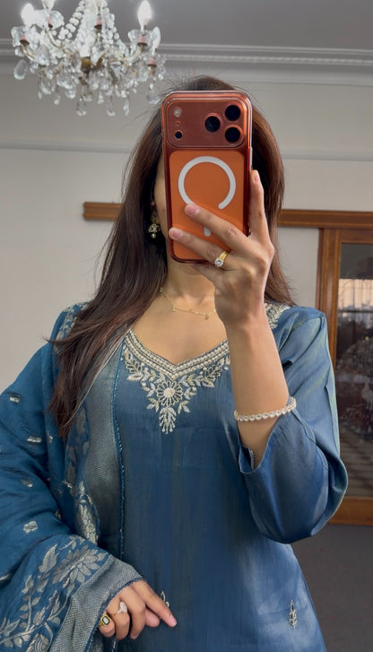 Steel blue pure silk kurti set with silver zari neckline embroidery and Banarasi brocade dupatta — Behuli Australia — view 3