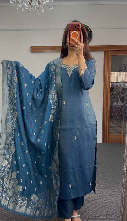 Steel blue raw silk straight kurti set with silver zari neckline embroidery and matching Banarasi zari dupatta — Behuli — view 2