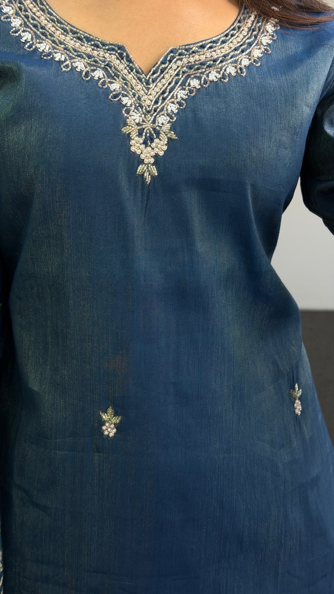 Steel blue raw silk straight kurti set with silver zari neckline embroidery and matching Banarasi zari dupatta — Behuli — view 4