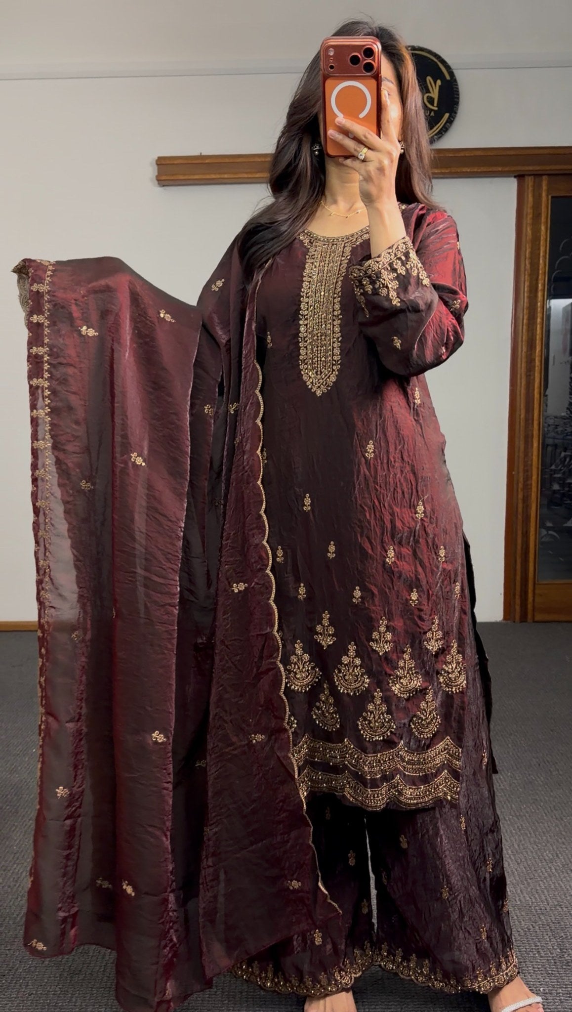 Deep maroon crushed organza palazzo suit set with gold zari embroidery on kurta hem and dupatta — Behuli Australia — view 2
