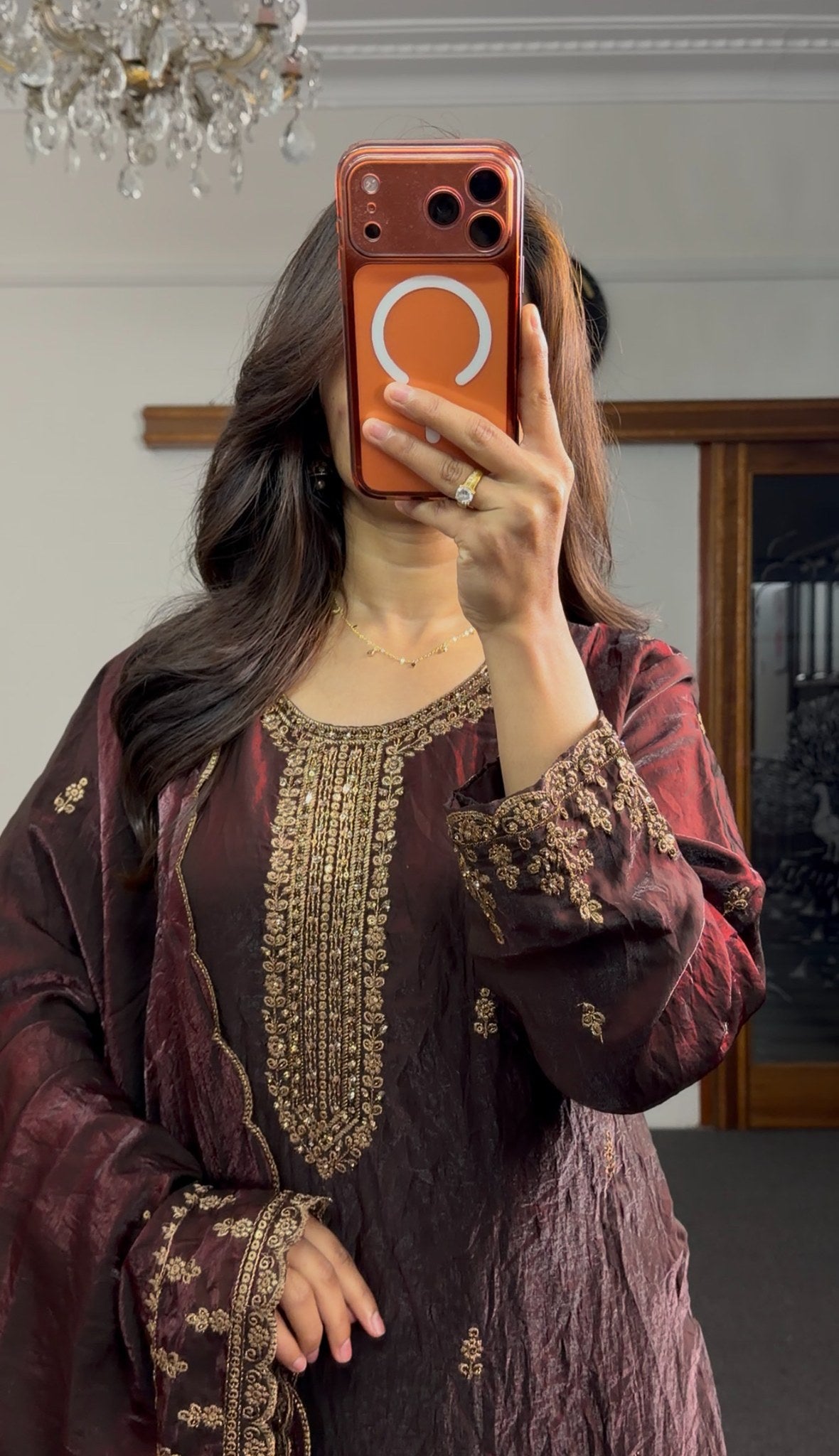 Deep maroon crushed organza palazzo suit set with gold zari embroidery on kurta hem and dupatta — Behuli Australia — view 4