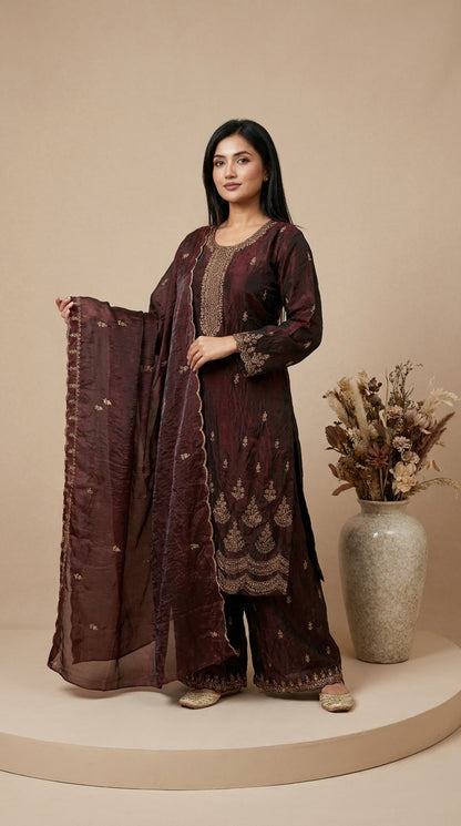 Deep maroon crushed organza palazzo suit set with gold zari embroidery on kurta hem and dupatta — Behuli Australia