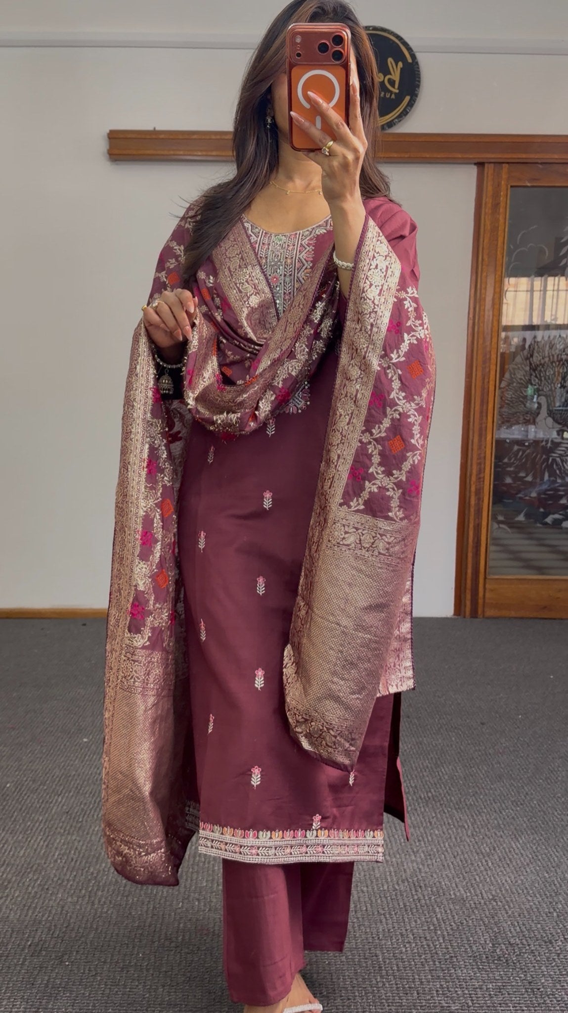Burgundy pure silk kurti set with gold zari Banarasi dupatta and multicolour yoke embroidery — Behuli Australia — view 4