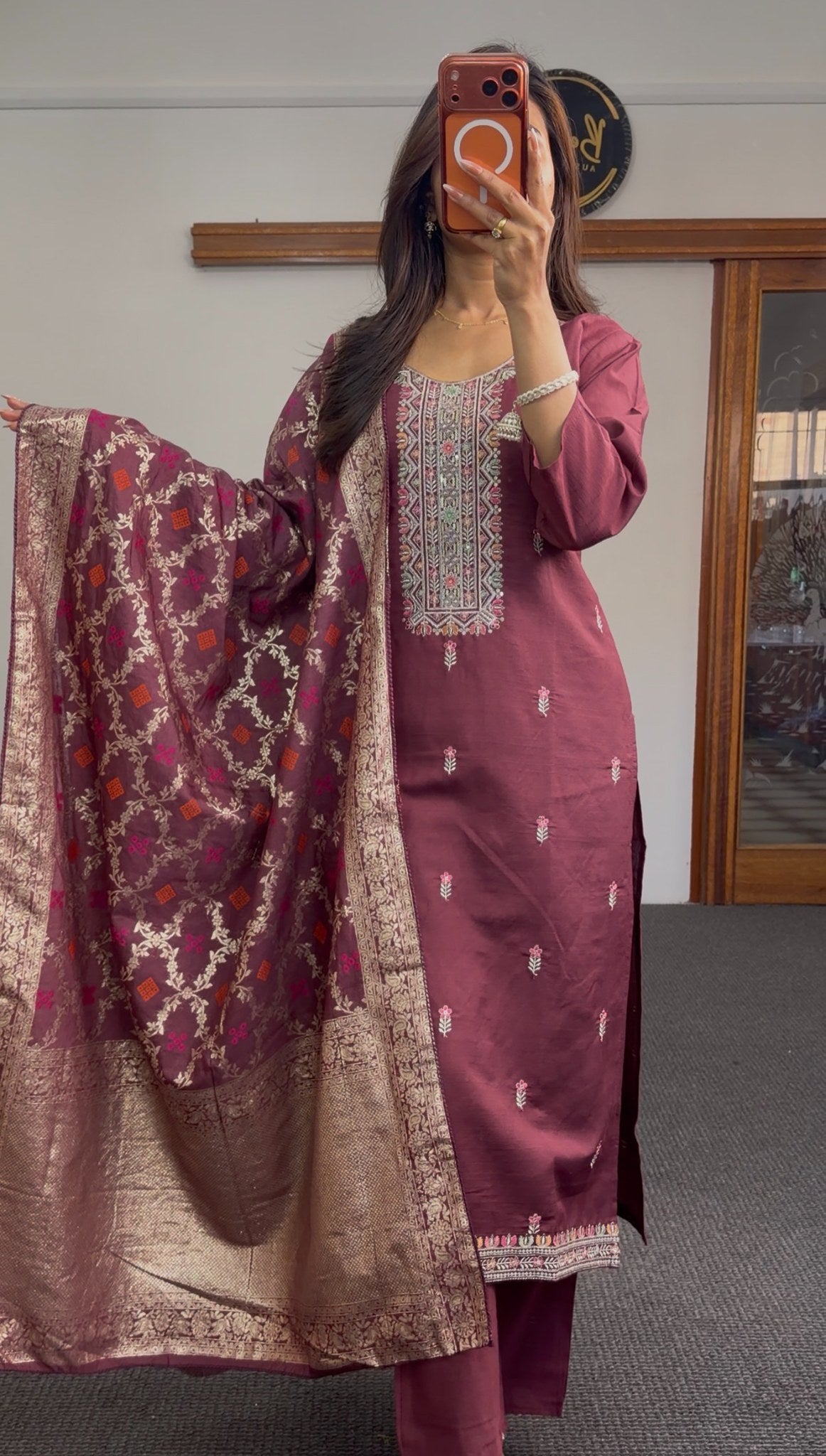 Burgundy pure silk kurti set with gold zari Banarasi dupatta and multicolour yoke embroidery — Behuli Australia — view 2
