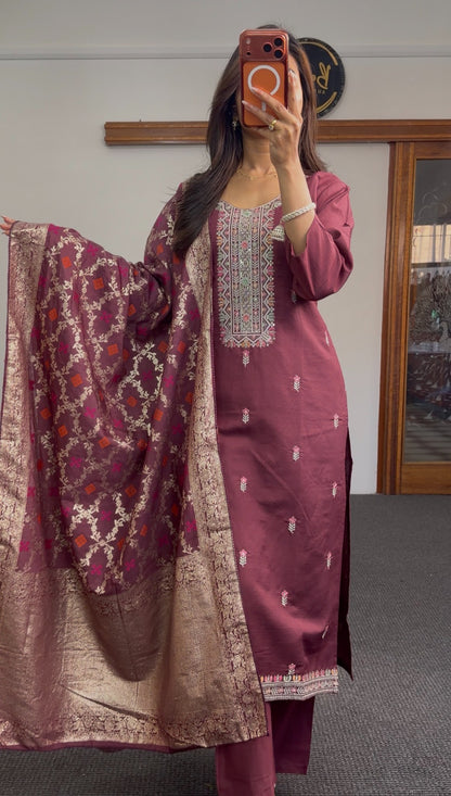 Burgundy pure silk kurti set with gold zari Banarasi dupatta and multicolour yoke embroidery — Behuli Australia — view 2