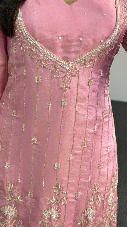 Blush pink Chanderi silk palazzo suit set with silver zari embroidery, V-neck kurta and wide-leg palazzo pants — Behuli — view 4