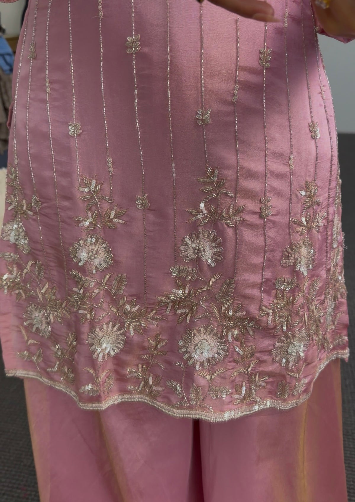 Blush pink Chanderi silk palazzo suit set with silver zari embroidery, V-neck kurta and wide-leg palazzo pants — Behuli — view 5