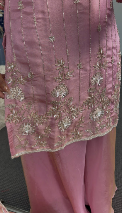 Blush pink Chanderi silk palazzo suit set with silver zari embroidery, V-neck kurta and wide-leg palazzo pants — Behuli — view 6