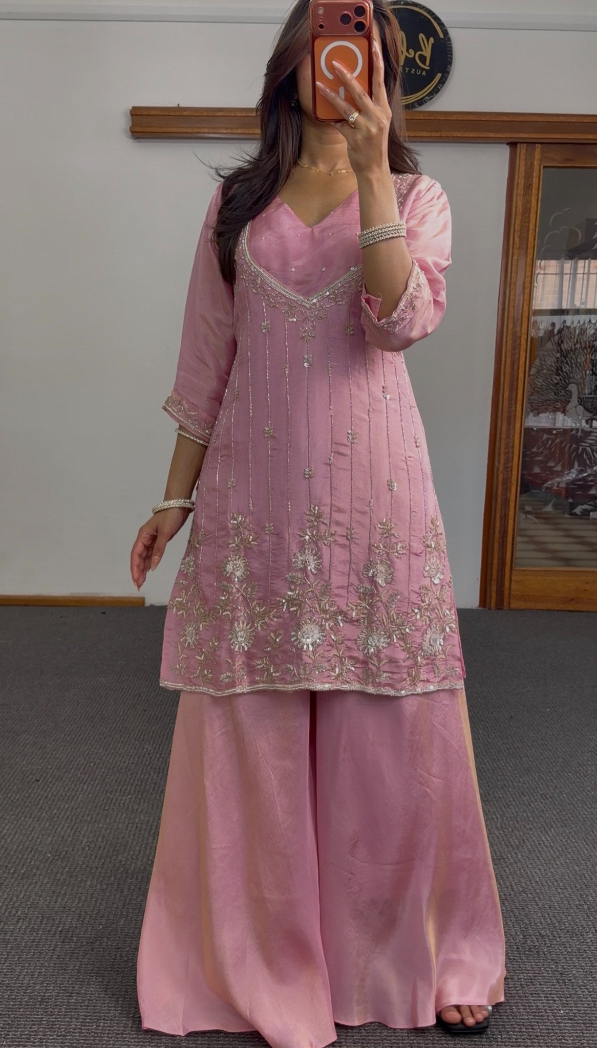 Blush pink Chanderi silk palazzo suit set with silver zari embroidery, V-neck kurta and wide-leg palazzo pants — Behuli — view 3