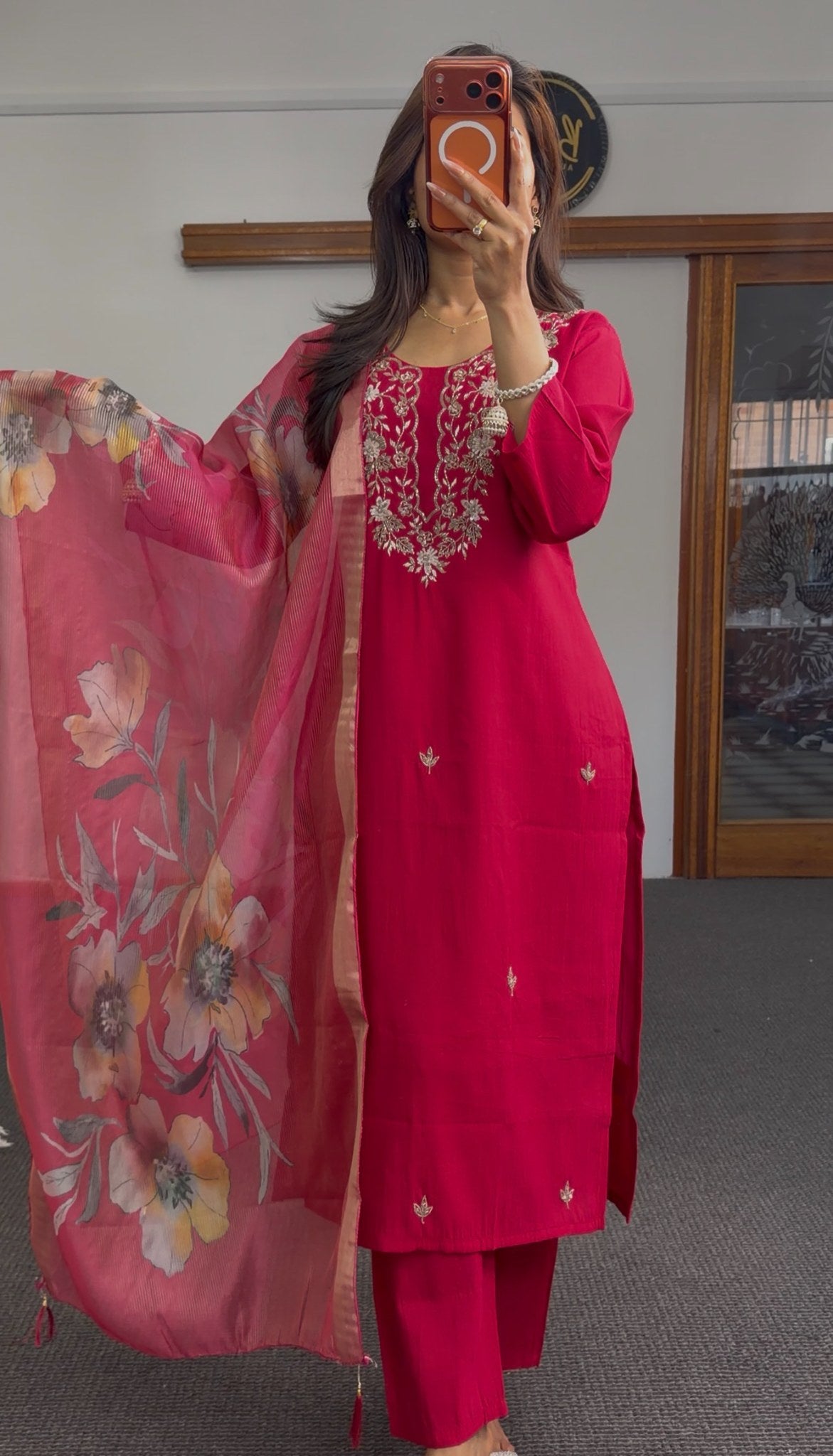 Fuchsia pure silk kurti set with gold zari embroidery and rose-pink floral organza dupatta — Behuli Australia — view 4
