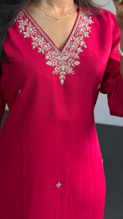 Fuchsia raw silk kurti set with zardozi V-neckline embroidery and hand-painted organza dupatta — Behuli Australia — view 2