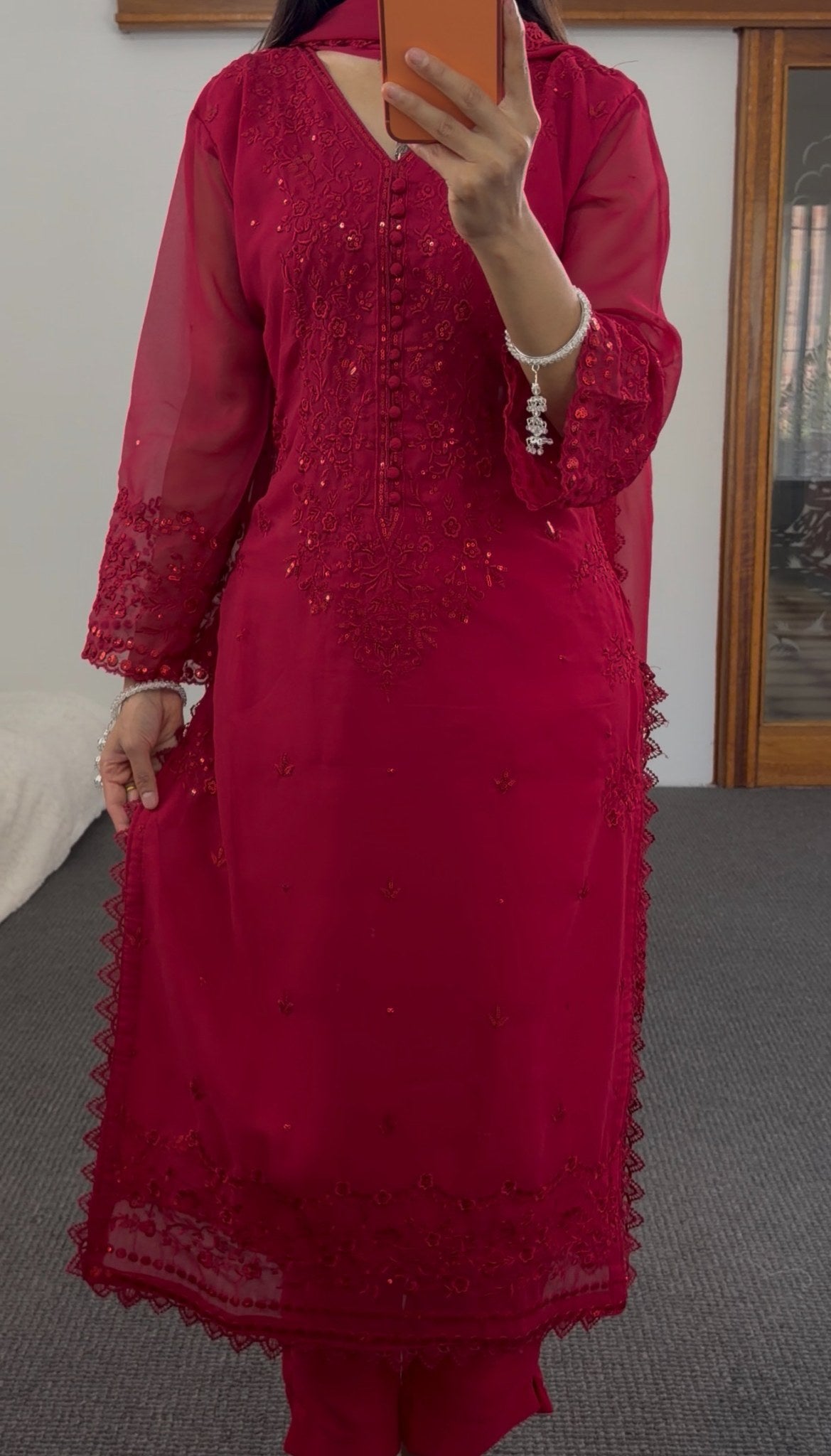 Crimson organza kurti set with chikankari embroidery, sequin work and scalloped lace dupatta — Behuli Australia — view 4