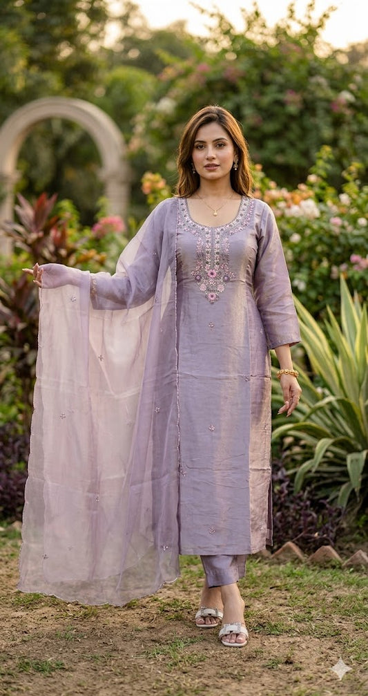 Hand-Embroidered Mauve Shimmer Silk Kurta Set